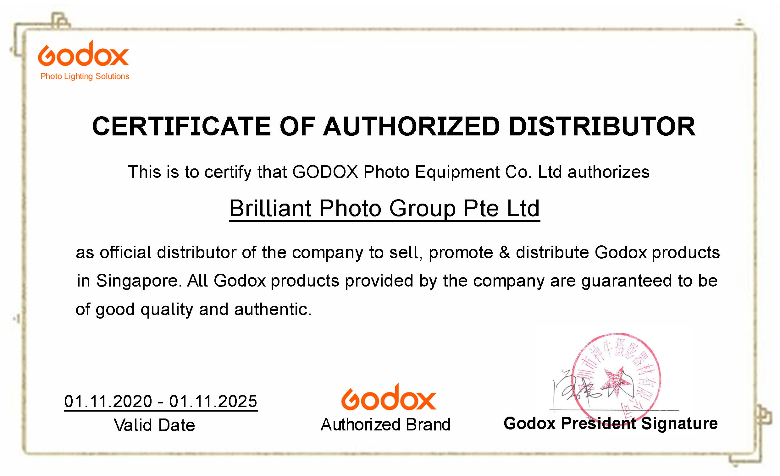 Godox Singapore Brilliant Certificate of Authorised Distribution 2019